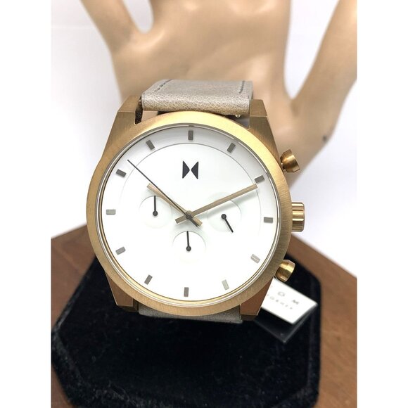 MVMT Men's Watch Quartz Chronograph White Dial Bronze Gray Leather Band 44mm - Picture 1 of 14